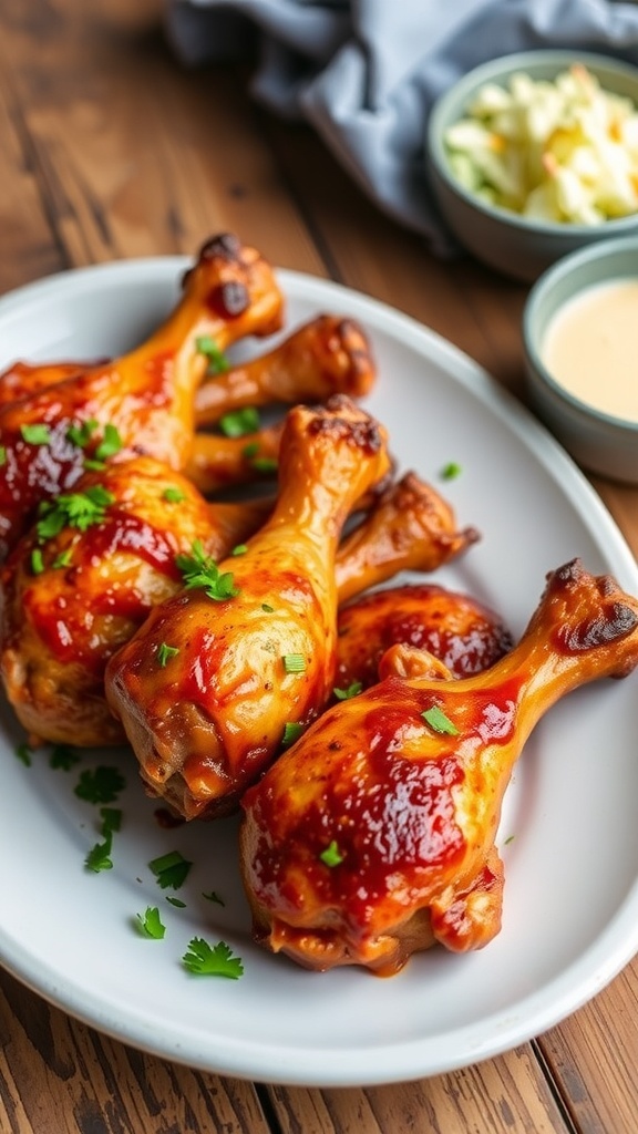 Spicy baked chicken drumsticks on a plate with herbs and coleslaw on a wooden table.